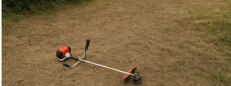 Outil de débroussaillage posé sur une parcelle nettoyée à Poitiers – Élagage Poitiers