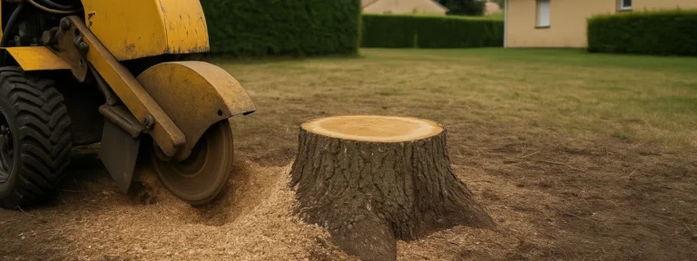 Machine de rognage en action sur une souche dans un jardin de Poitiers – Élagage Poitiers