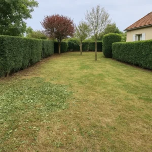 Jardin restructuré avec haies taillées et arbres éclaircis dans la Vienne – Élagage Poitiers